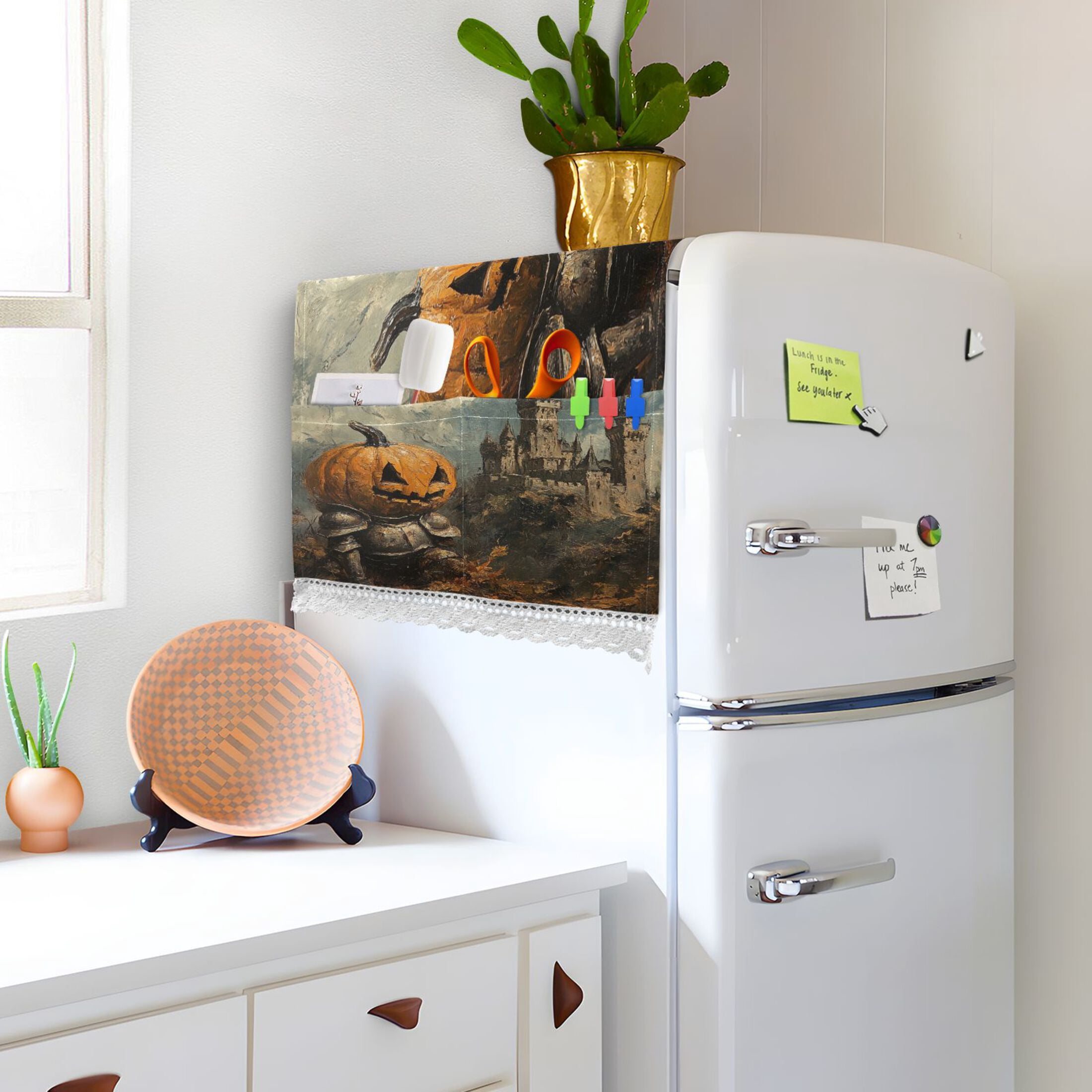 Pumpkin KnightWasher and Dryer Covers Dust-Proof and Oil Resistant Fridge Cover with 4 Storage Pockets Washing Machine Top Cover for Laundry Kitchen Home 51.2 x 22 In