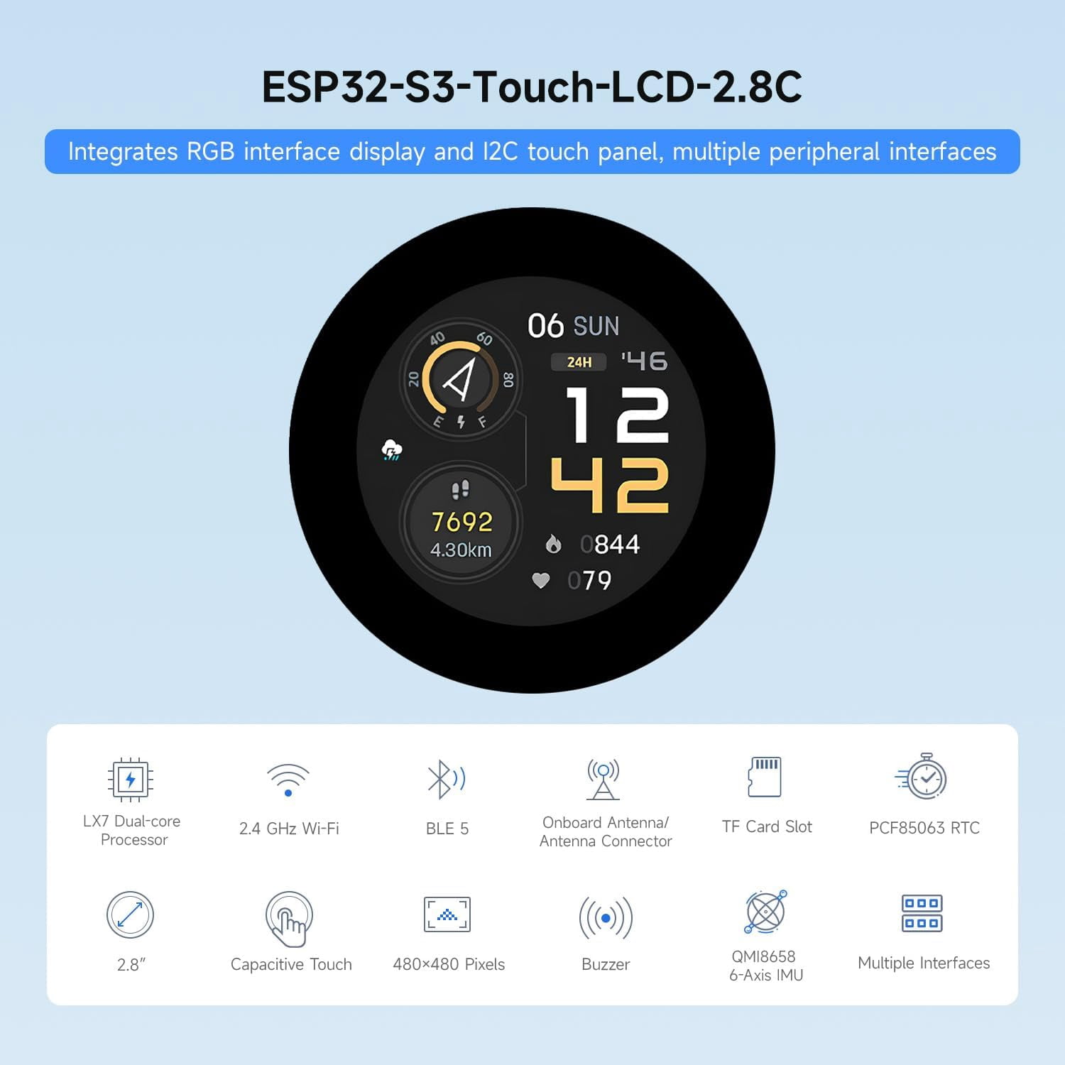 ESP32-S3 2.8inch Capacitive Touch Round Display Development Board, 480×480, 32-bit LX7 Dual-core Processor, Supports WiFi & Bluetooth, ESP32 with Display
