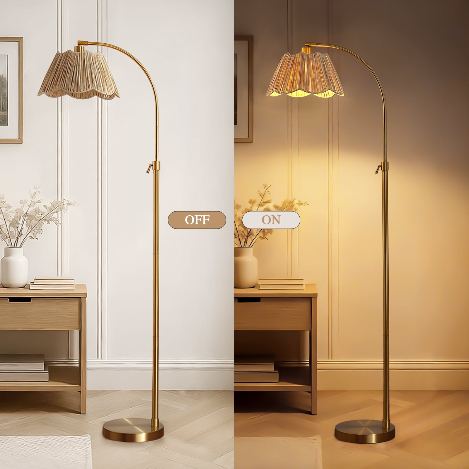 RORIA 64” Curved Floor Lamp, Height Adjustable gold Standing Lamp,with a woven paper shade, perfect for bedrooms, living rooms, and offices (bulb included)