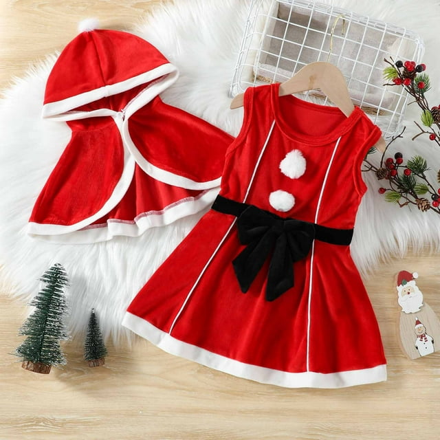 LSLJS Christmas Fall and Winter Girls Sleeveless Children's Dress Set Hooded Cloak Dress Two-piece Set