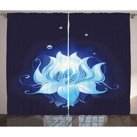 Floral Curtains 2 Panels Set Zen Lotus With Dew Drops Reflected