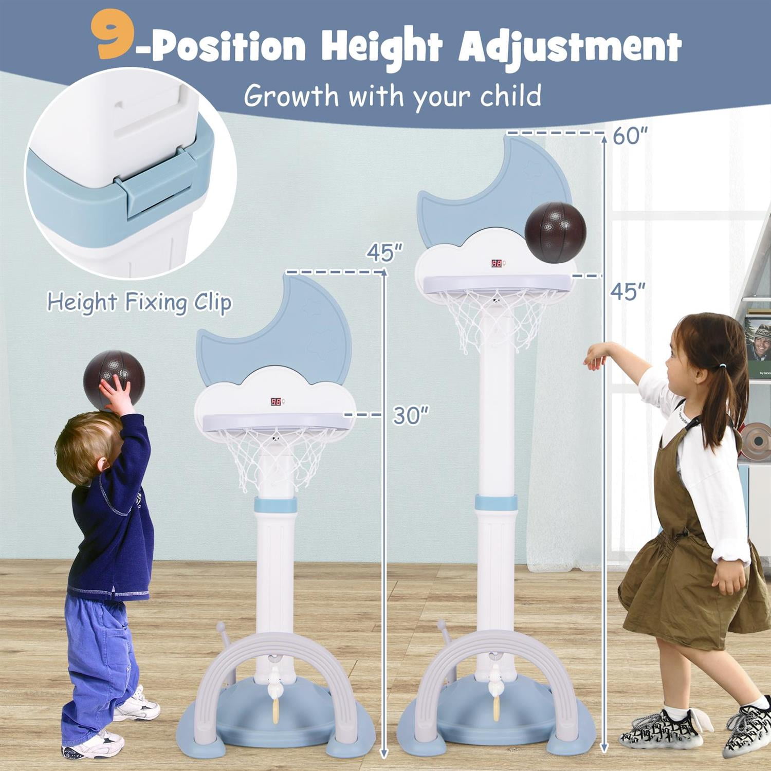 Demi Bonn 4-In-1 Basketball Hoop, Height-Adjustable Design, Electronic Scoreboard, Moon-Shaped Aesthetics, Indoor & Outdoor Play Set, Blue