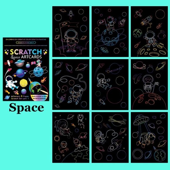 1Set Magic Color Rainbow Dinosaur Cartoon Scratch Art Painting Paper Card Kit Drawing Stick Kids DIY Drawing Toys Space