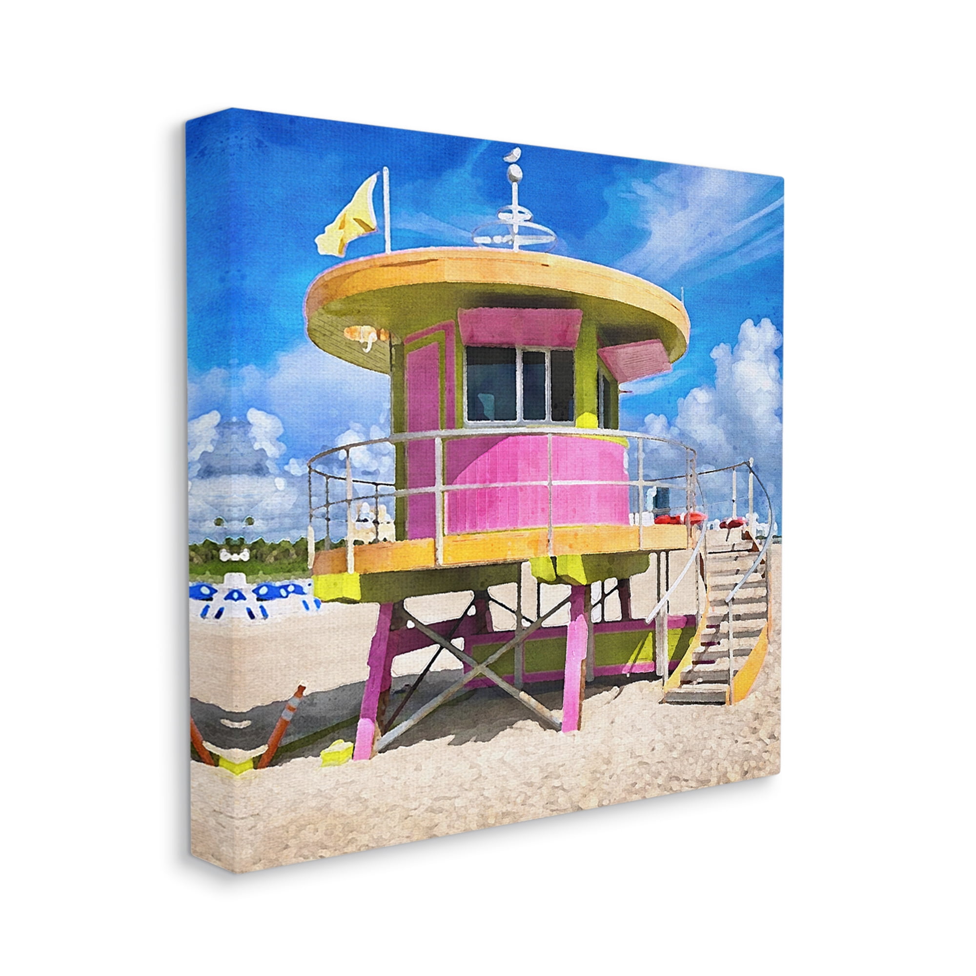 Stupell Industries Pink Lifeguard Hut Nature Painting Gallery Wrapped Canvas Print Wall Art, 17 x 17