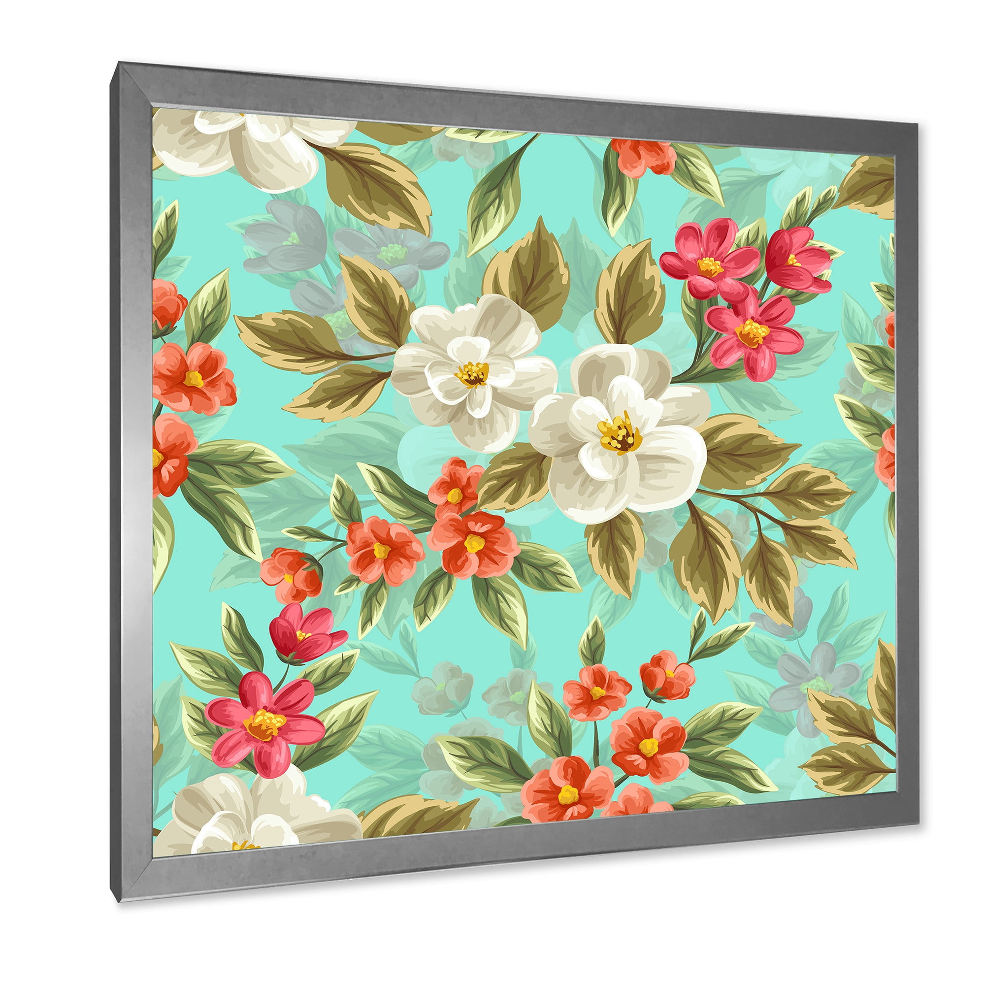 Designart 'Red and White Floral Seamless Pattern' Traditional Framed Art Print
