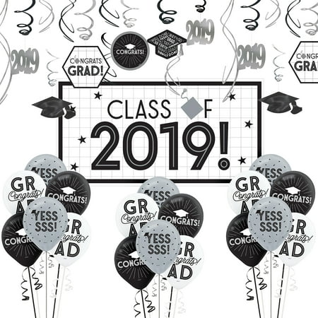 Party City Grid Graduation Hexagon Room Decorating Kit, Includes Balloons