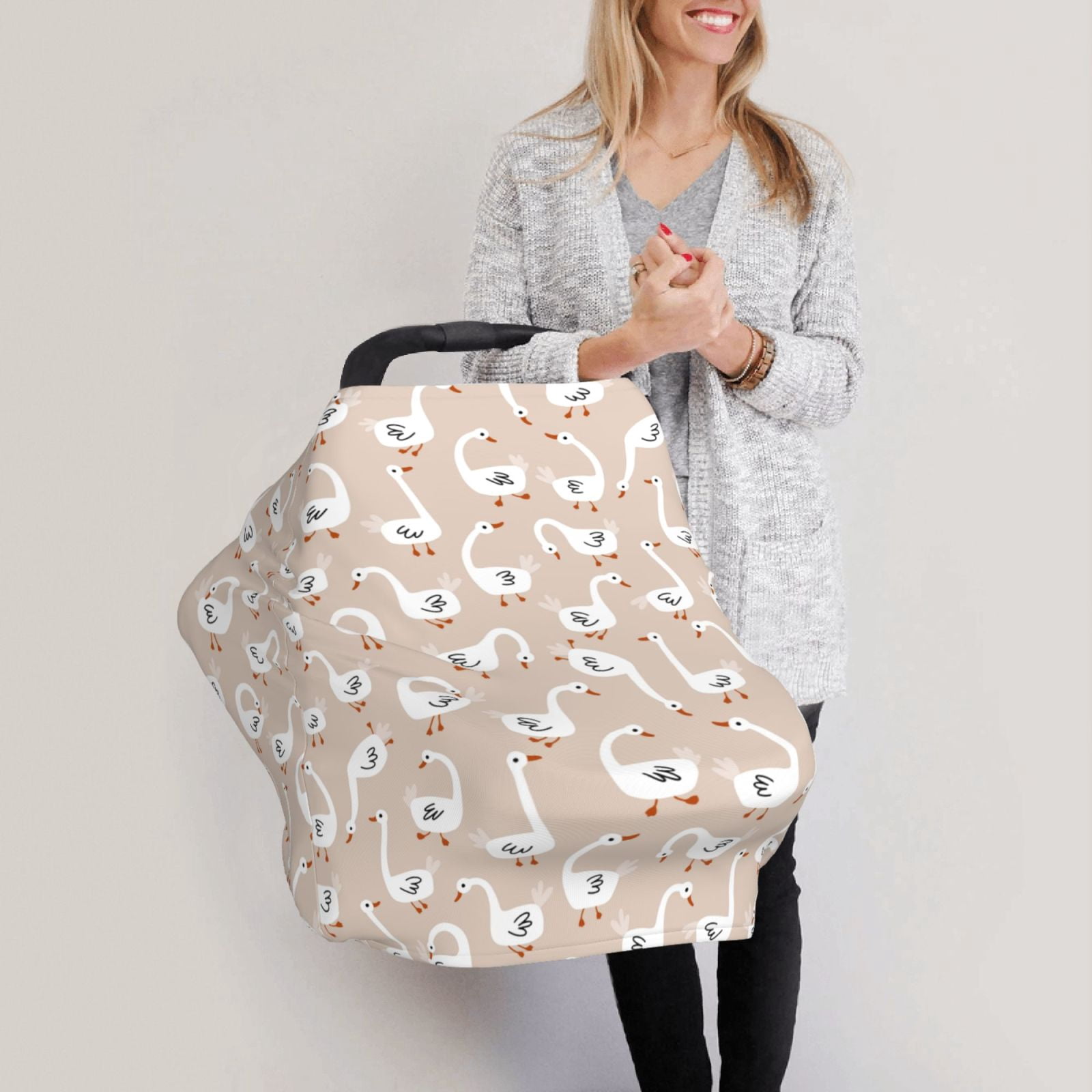 Fotbe White Goose Pattern Car Seat Covers for Babies, Nursing Breastfeeding Cover Infant Carseat Canopy, Soft Stretchy Carrier Cover