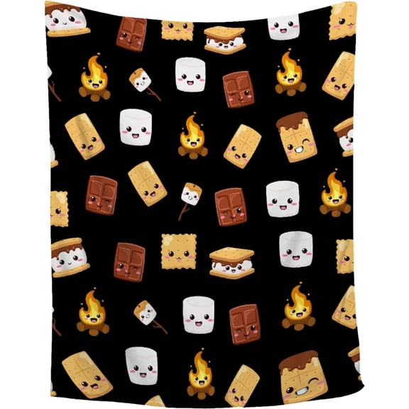 Cute S''Mores Blanket Marshmallow Cookie Blanket Black Soft Plush Fuzzy Flannel Fleece Throw Blanket for Couch Food Blanket 50"x40" for Kids