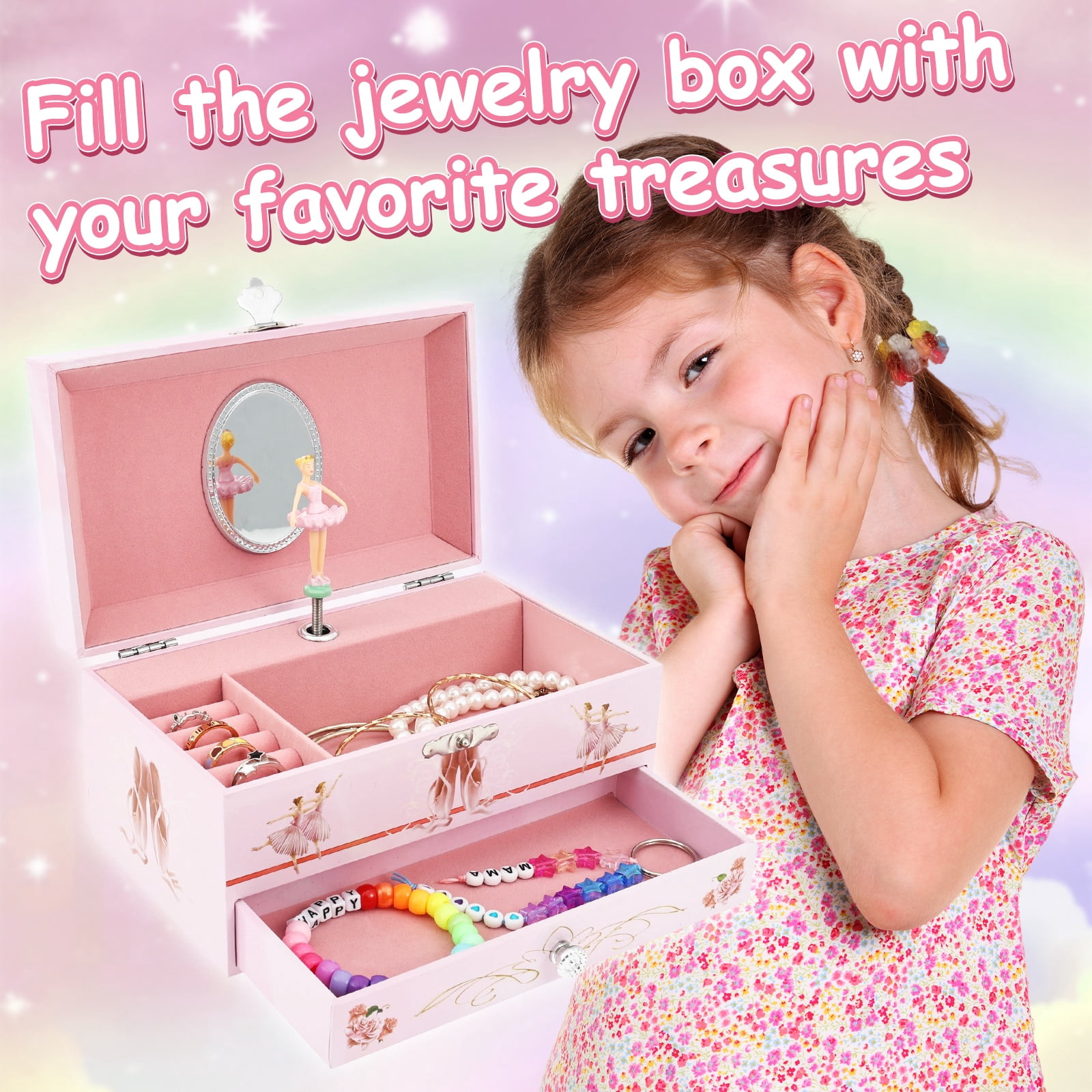 Classical Ballerina Musical Jewelry Box with Drawer and Dancing Ballerina,Girls Gifts for Kids Jewel Storage, Girls Music Box for Kids Ages 3-12 Gift