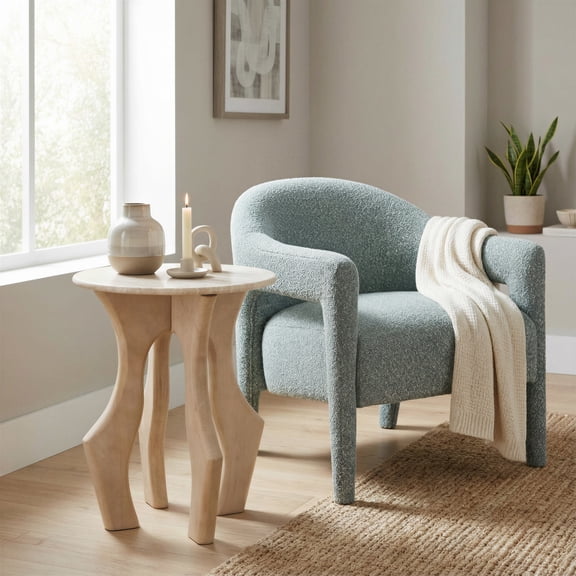 Eda Side Table White & Natural End Table, Modern Style, Natural Marble round shape tabletop, Solid Mango Wood, Indoor Living
