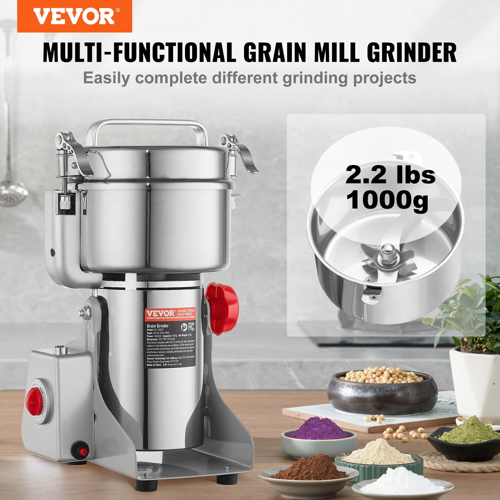 VEVOR Electric Grain Mill Grinder,  1000g High Speed 3000W Commercial Spice Grinders, Stainless Steel Pulverizer Powder Machine, for Dry Cereals Coffee Corn Pepper, Swing Type