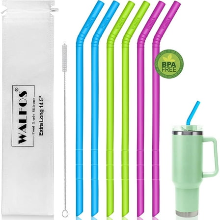 WALFOS 14.5 inch Extra Long Reusable Silicone Straws, Big Sizes Flexible Bendable Straws for 1/Half Gallon Large Water Bottles, 128 75 64 40 OZ Tumbler with Cleaning Brush (6-Pack)
