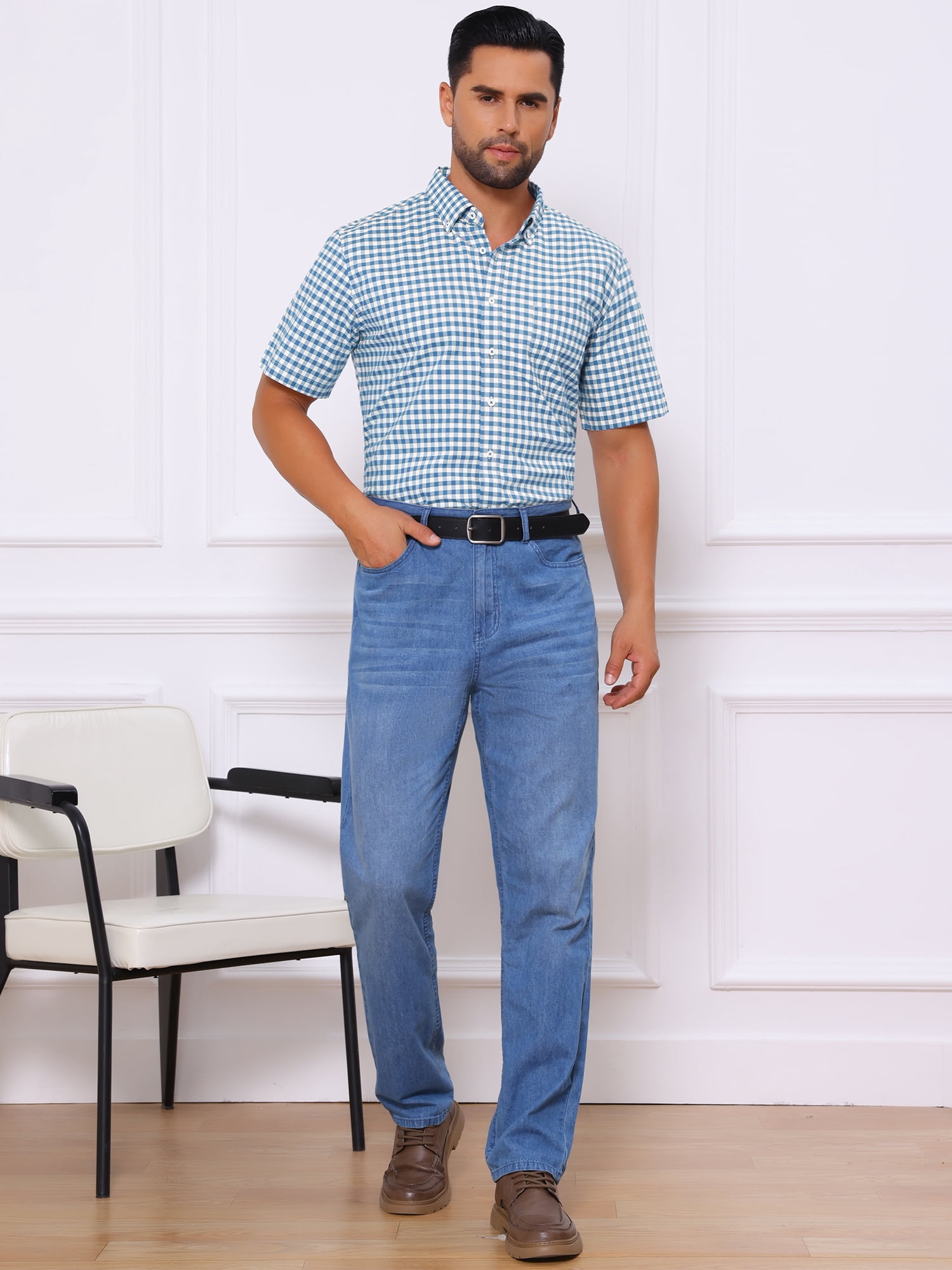 DARING DIVA Men's Point Collar Short Sleeve Button Business Plaid Shirts L Blue White