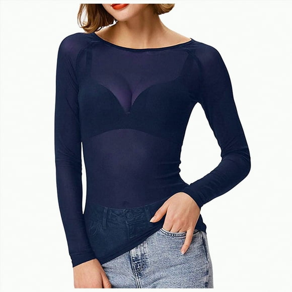 WUANDIXFA Women Y2K Long Sleeve Women's See Through Long Sleeve Seamless Arm Top Mesh Shirt Blouse Blue,XL