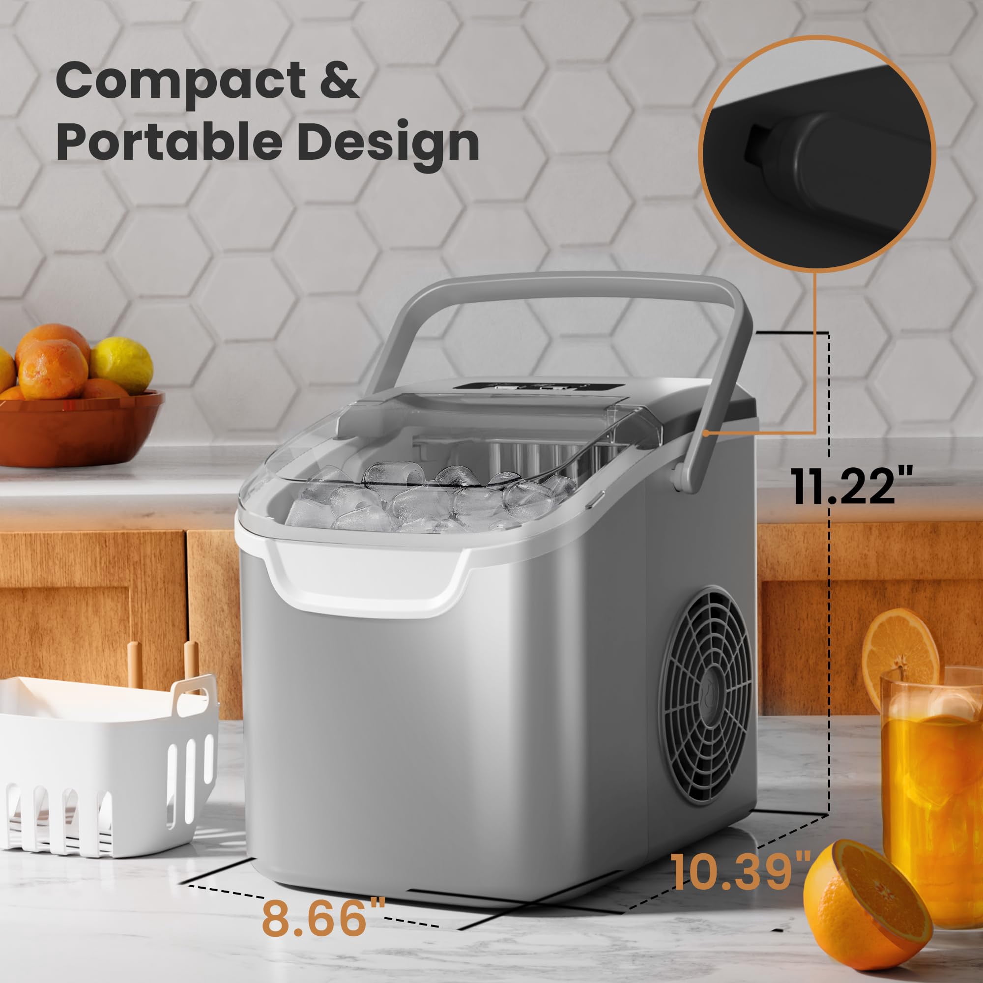 Portable countertop ice maker machine,8 bullet shaped ice cubes ready in 6 minutes,26lbs per 24 hours,self cleaning function with ice scoop and basket,compact design for home kitchen party, grey