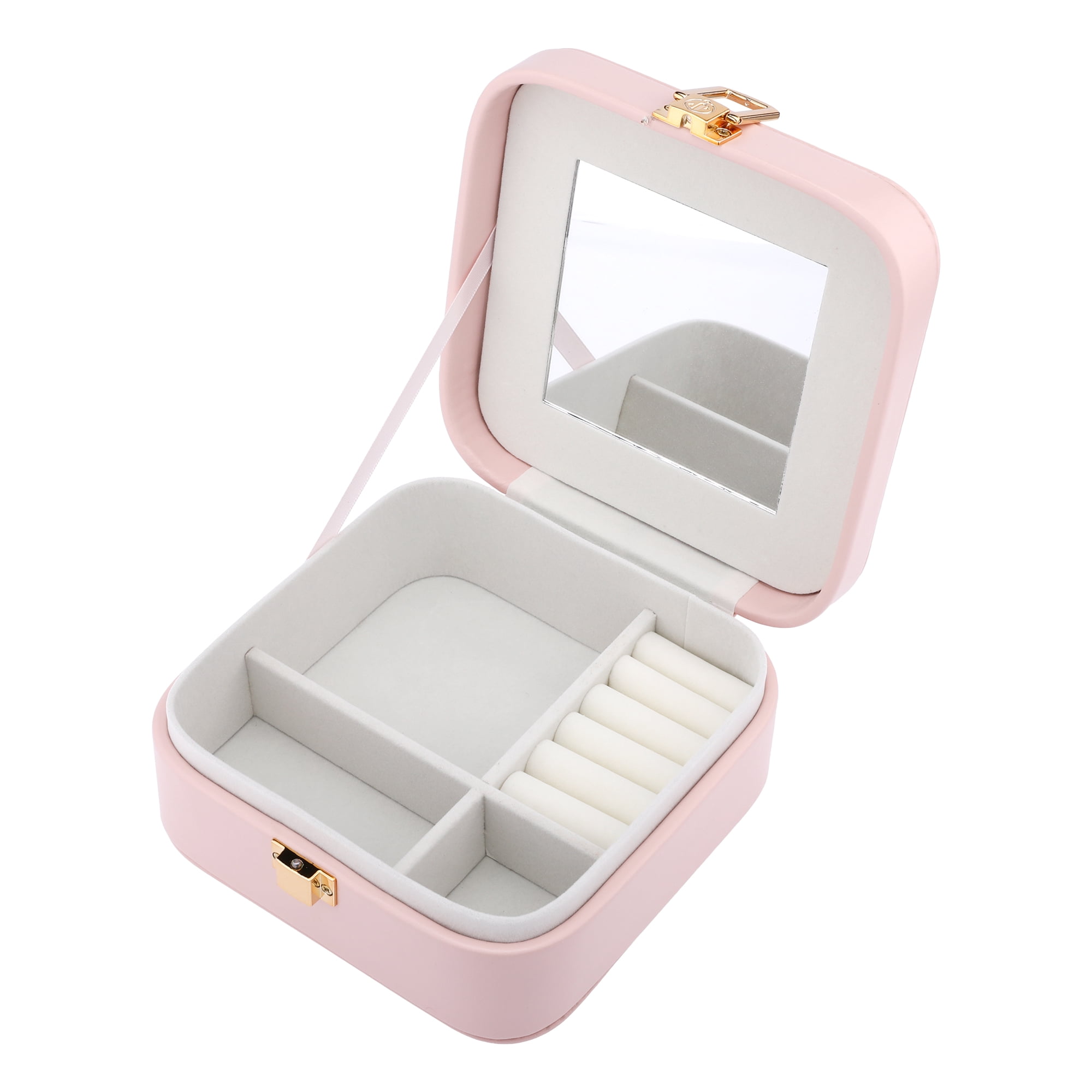 Unique Bargains PU Leather Jewelry Box Jewelry Organizer with Mirror Pink