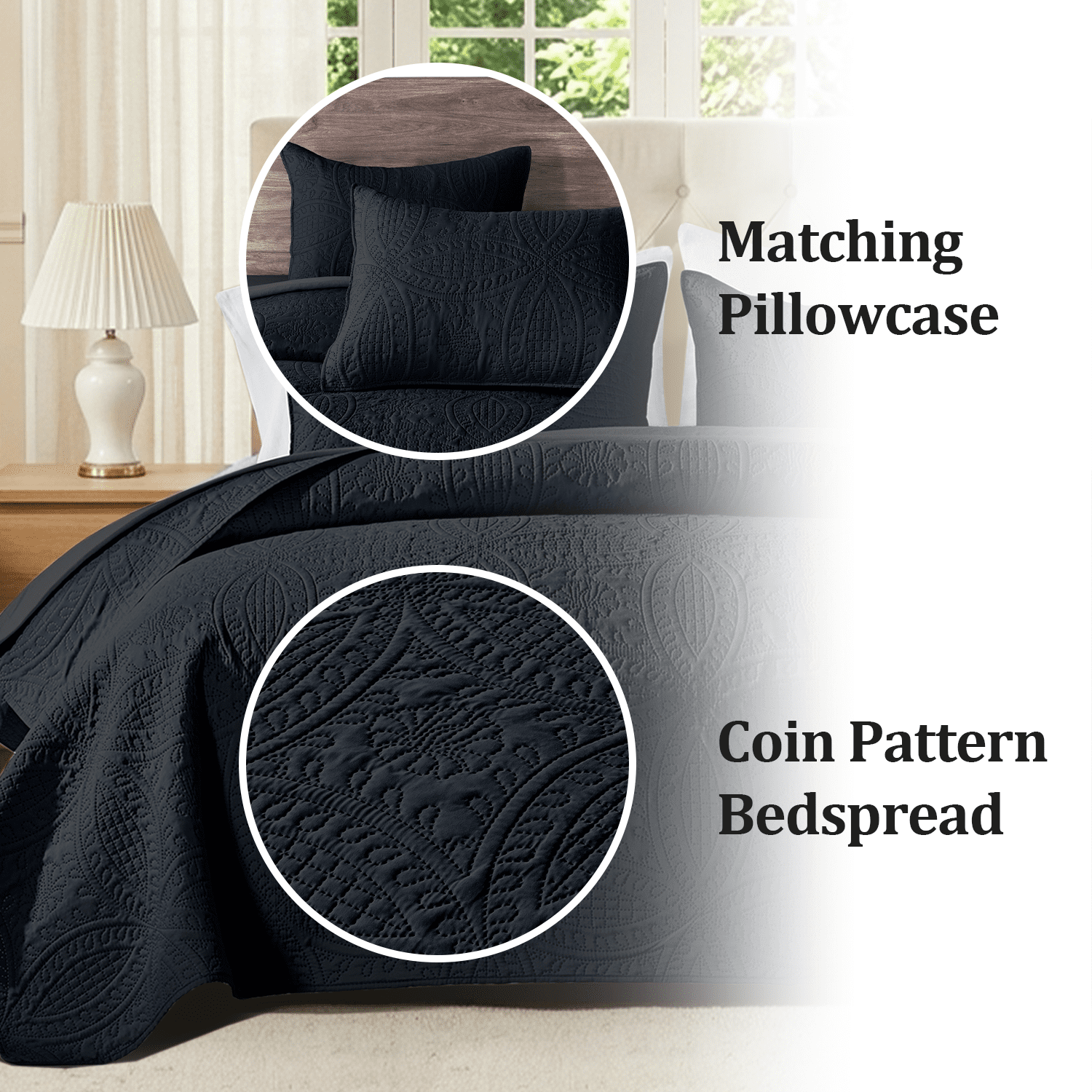 Flymme Quilt for King Beds Black,3 Piece Soft Lightweight Bedspread with Pillow Sham, Modern Blanket Thin Comforter Bed Cover for All Season