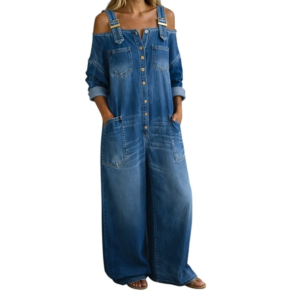 LEKODE Womens One Piece Jumpsuit Linen Cotton Jumpsuits Long Sleeve Jumpsuits Flowy Jumpsuits for Women Denim Jumpsuit for Women Loose Overalls Wide Leg Jumpsuit Womens Summer Outfits Blue L
