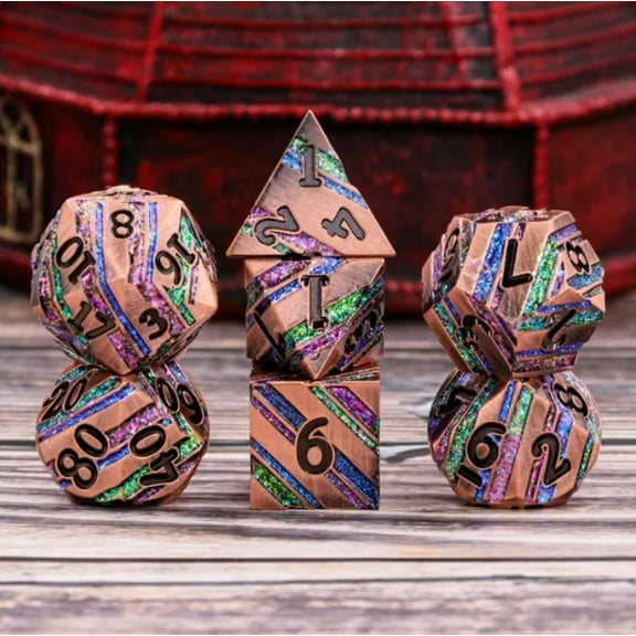 Banded Copper w/Rainbow Mica | Metal DnD Dice Set | Dungeons and Dragons | 7 Dice RPG Polyhedral Set d20