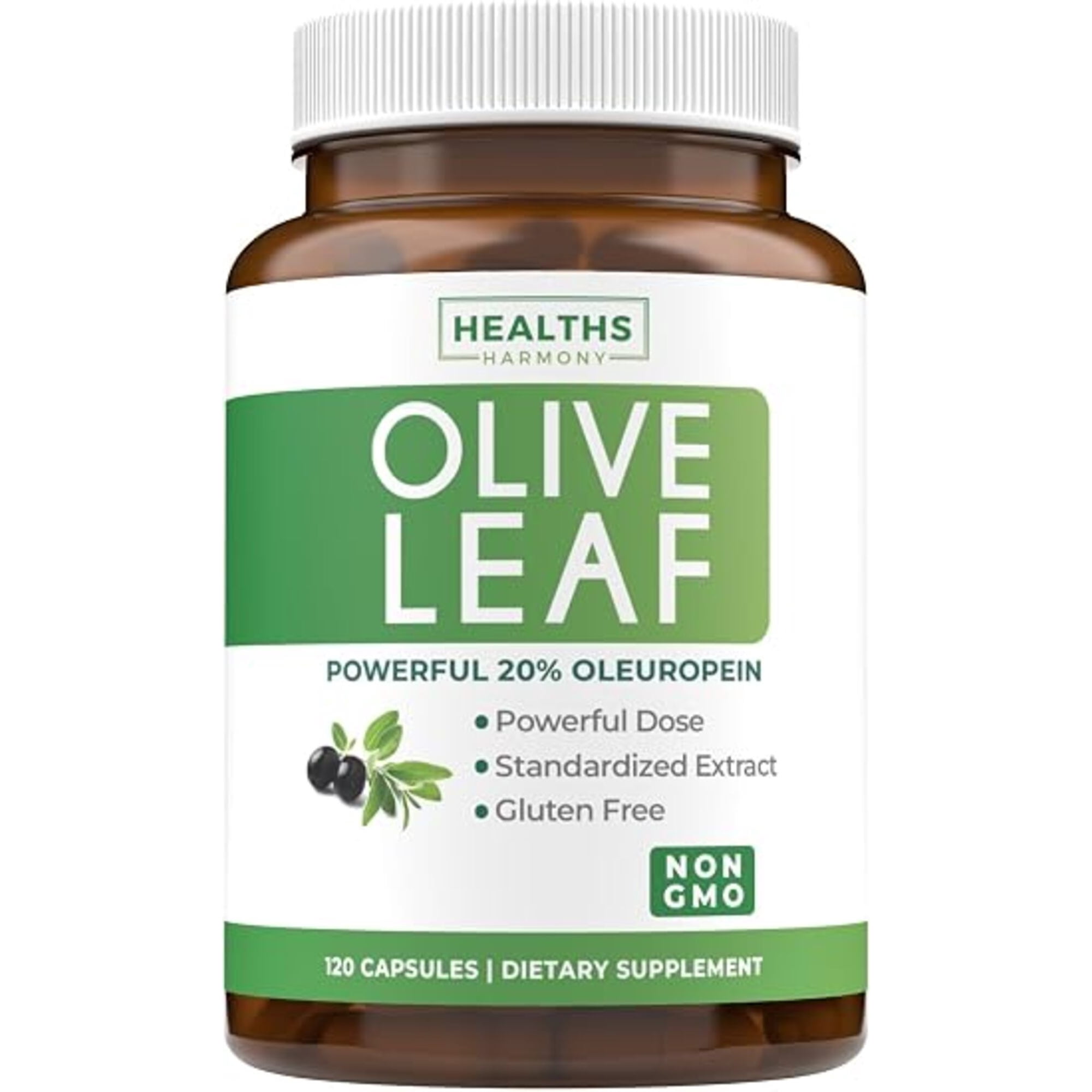 Healths Harmony Olive Leaf Extract Capsules with 20% Oleuropein, Antioxidants Supplement, 120 Count