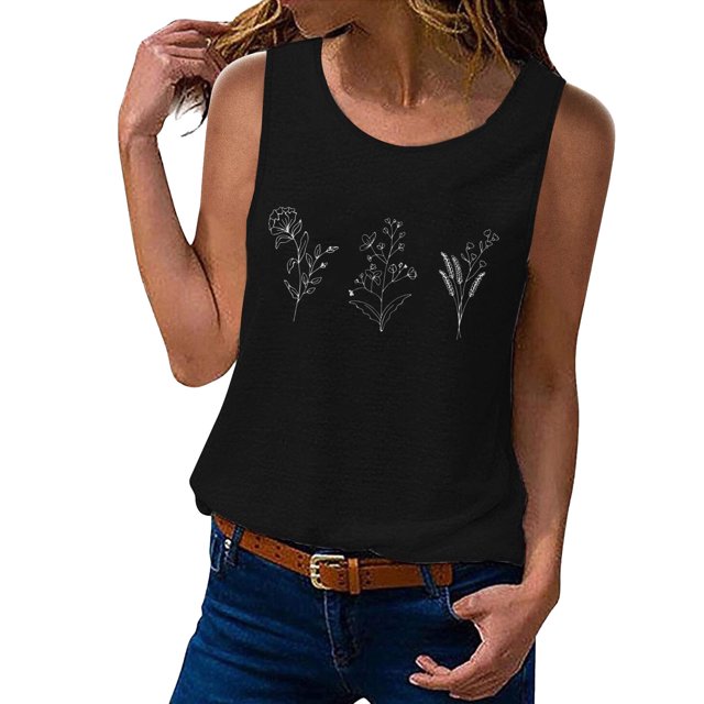 Gibobby Camiseta sin mangas de verano para mujer, camiseta sin mangas con gráfico de flores , camiseta informal para vacaciones(Negro,G)