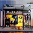 thumbnail image 4 of Full Size Black Metal Gaming Loft Bed w/ Desk, LED, Open Wardrobe, & Storage - Space-Saving Design for Bedroom/Dorm, 77.56"L x 56.38"W, 4 of 23
