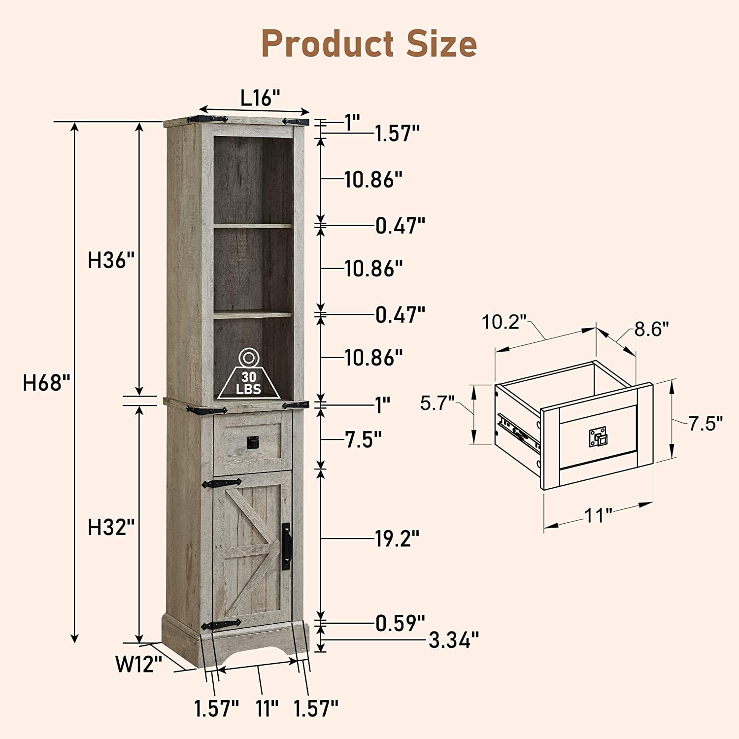 OKD Freestanding Bathroom Storage Cabinet, Farmhouse 69" Tall Narrow Cabinet with Adjustable Shelves and Metal Handle, Light Rustic Oak