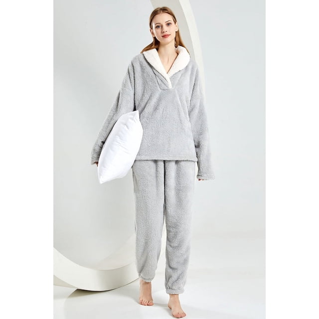 Pijama de mujer independiente de invierno con cuello en V y manga larga engrosada