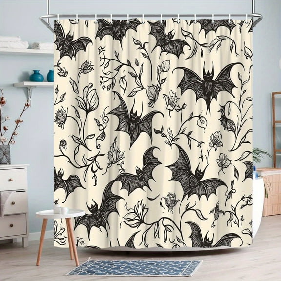1pc Vintage Mystical Gothic Polyester Shower Curtain Black Bats with Intricate Details, Delicate Flowers on Cream Background, Washable Polyester, 72x72 inch, 12 Hooks Included