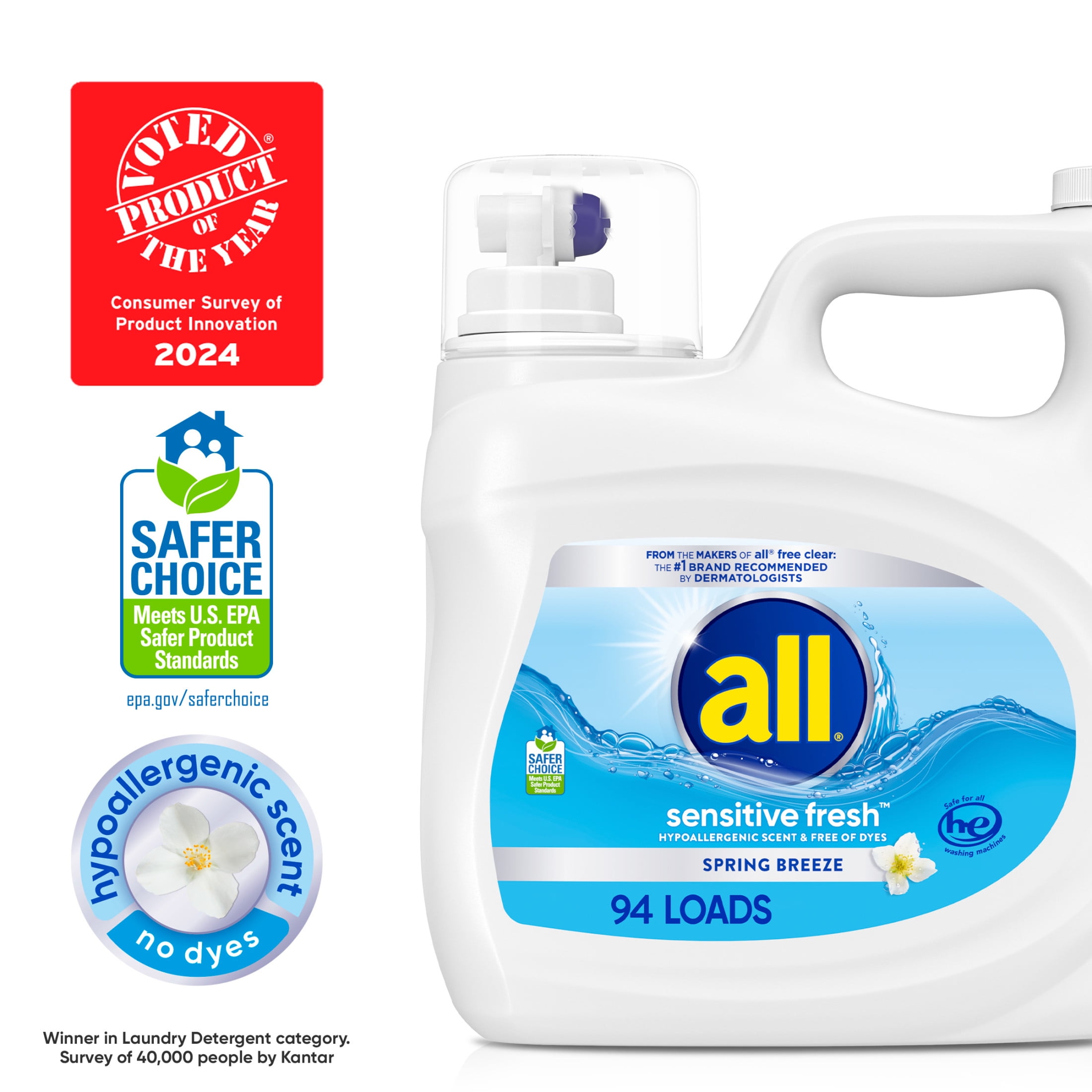 all Sensitive Fresh Liquid Laundry Detergent, Spring Breeze, 118 oz, 94 Loads
