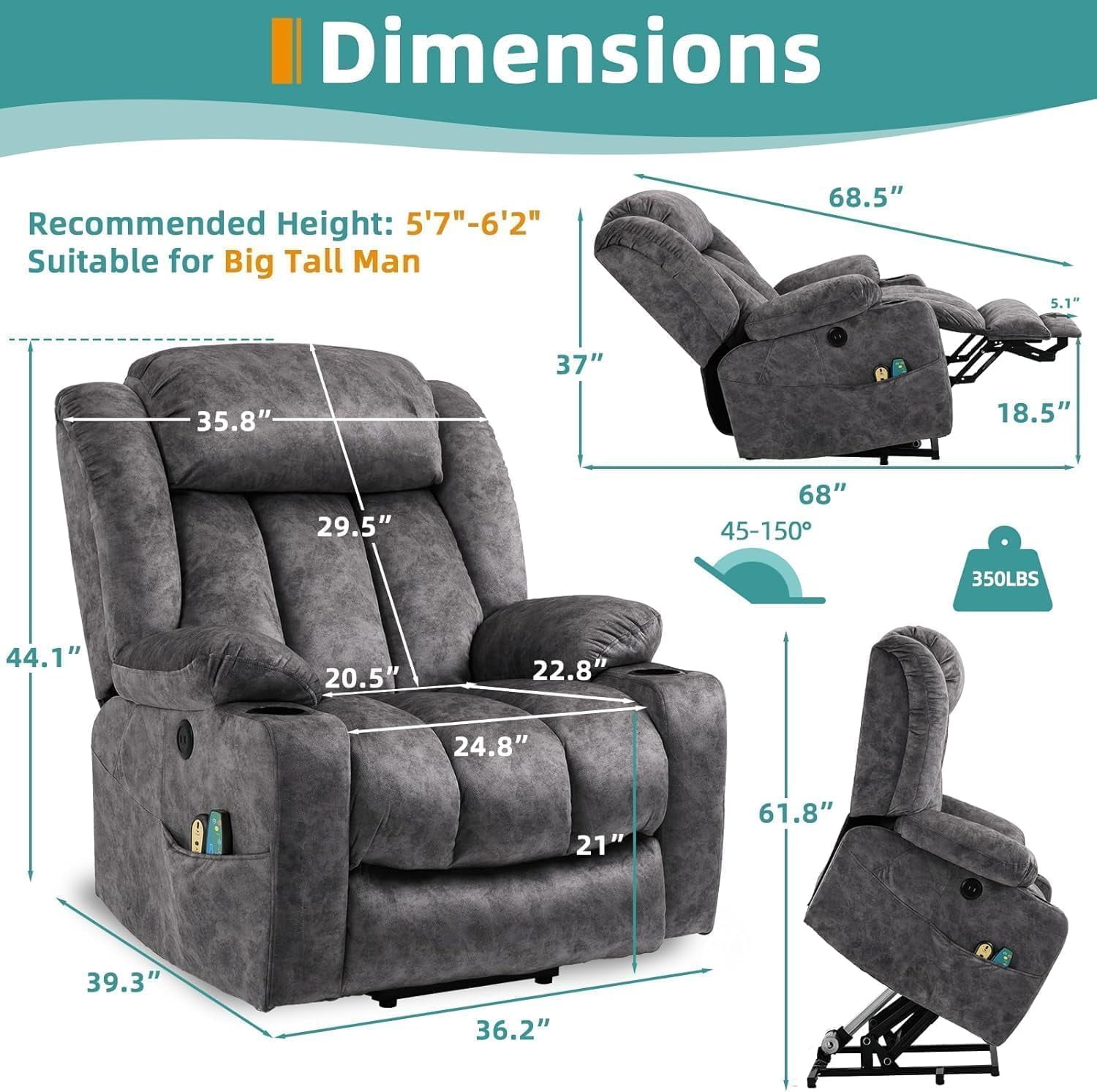 MEETWARM Large Power Lift Electric Recliner Chair with Extended Footrest for Elderly Big Man, Overstuffed Wide Recliner with Massage and Heat, 2 Remote Controls/USB Ports/4 Side Pockets(Grey)