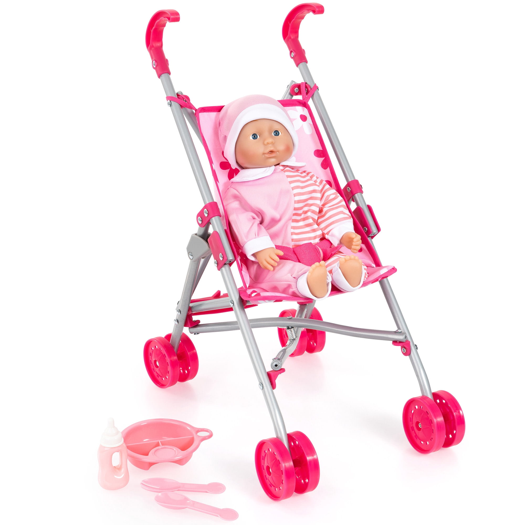 Bayer Design: Buggy & 14" Baby Doll Set - Pink & White Striped Onesie, Flower Umbrella Push Stroller, Toy Feeding Care Accessories, Kid-Toddlers 18mo+