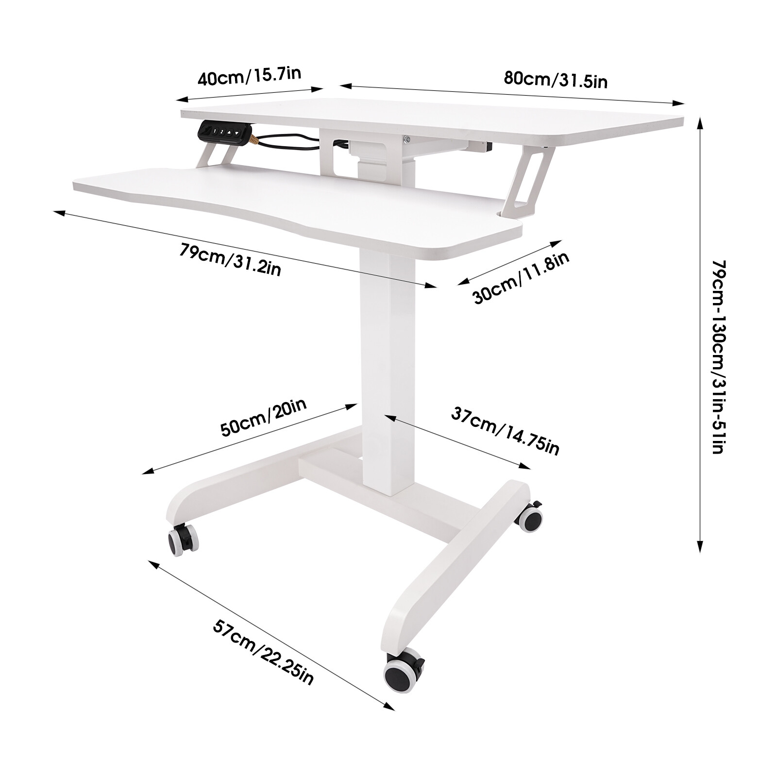 Mobile Standing Desk, Portable Rolling Desk with Lockable Wheels, Non-Slip Mat, Standing Lifting Desk, Rolling Desk with Adjustable Height, 31-51in(White 31.5*15.7in)