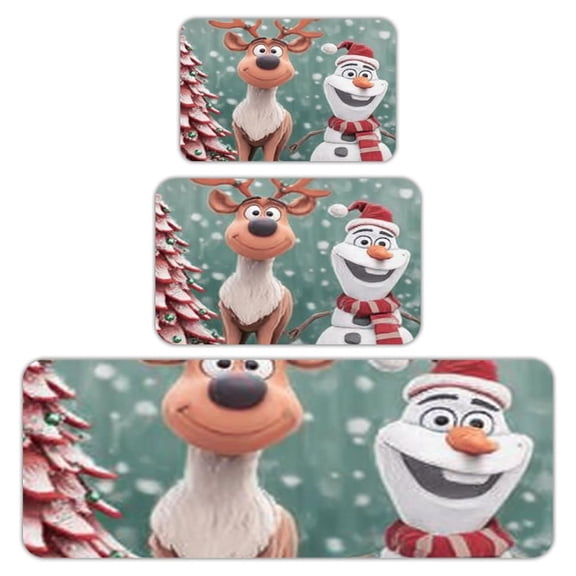 RKSupls Kitchen Rug Set 3 Piece Anti-Slip Flannel Floor Mats, Reindeer Snowman Christmas Washable Absorbent Runner Mats for Kitchen Bathroom Home Decor