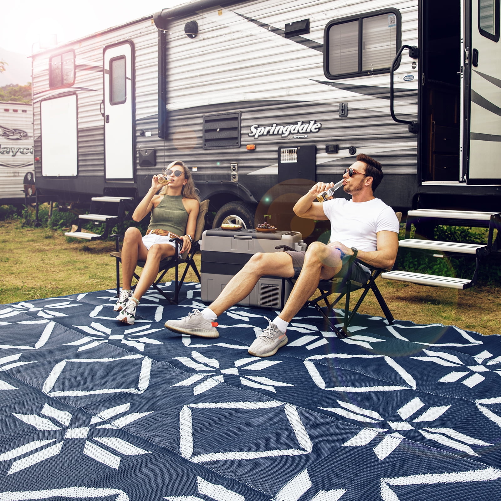 Kohree Outdoor Plastic Straw Rug 9'x12' ,Waterproof Mat with 4 Corner Loops Indoor Outdoor for RV, Camping, Deck ,Balcony(Blue)