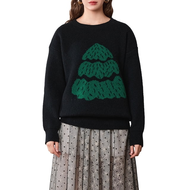 TheFound Women's Christmas Tree Sweaters Drop Shoulder Long Sleeve Round Neck Ribbed Loose Knitted Tops