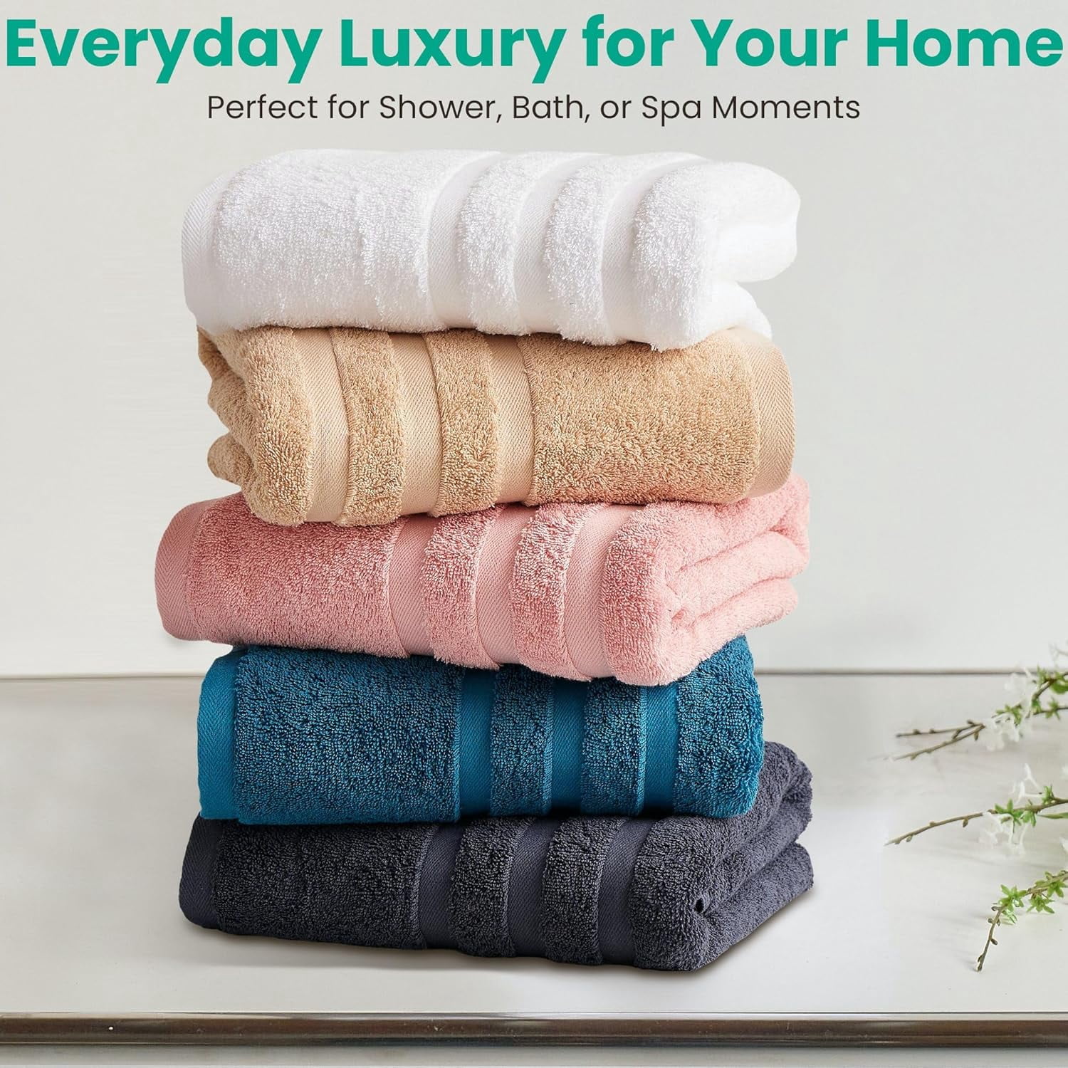 Bath Towels 2 Pack, 30 x 60 Inches, Large 100% Cotton Towels, Soft, Absorbent, Comfortable for Home, Spa, and Gym, (White)