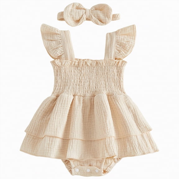 JUMEYU New Born Clothes Baby Girl Clothes Infant Romper Floral Suspender Dress Ruffle Sleeve Bodysuit Outfit Jumpsuit Headband Spring Summer 0 3 6 9 12 18 24 Months (Beige,0-3 Months)
