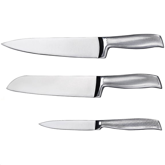GoGeiLi Hammered Chef Knife Set, High-Carbon 5Cr15MoV Stainless Steel Forged Full Tang, 3-Piece, 8" Chef, 7" Santoku, 5" Utility Knives