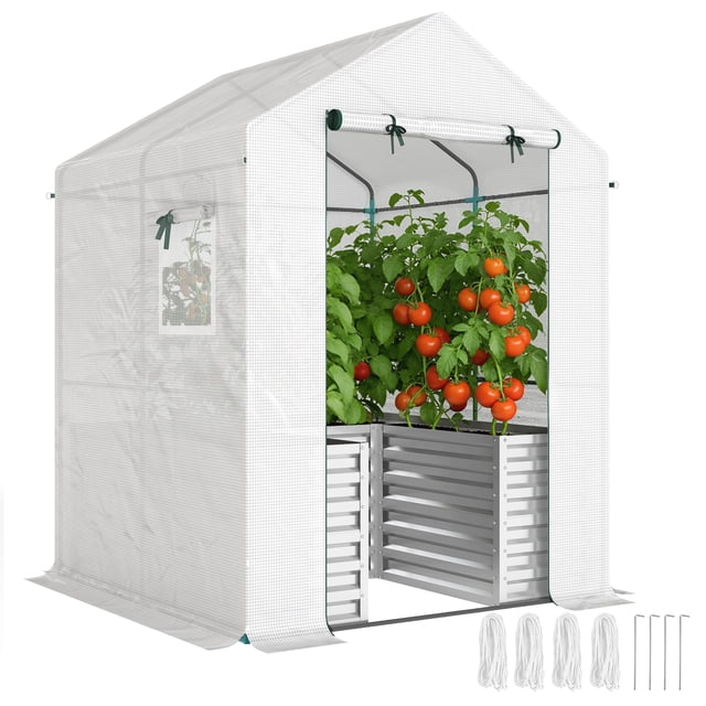 Outsunny Greenhouse with Raised Garden Bed, Outdoor Greenhouse, White