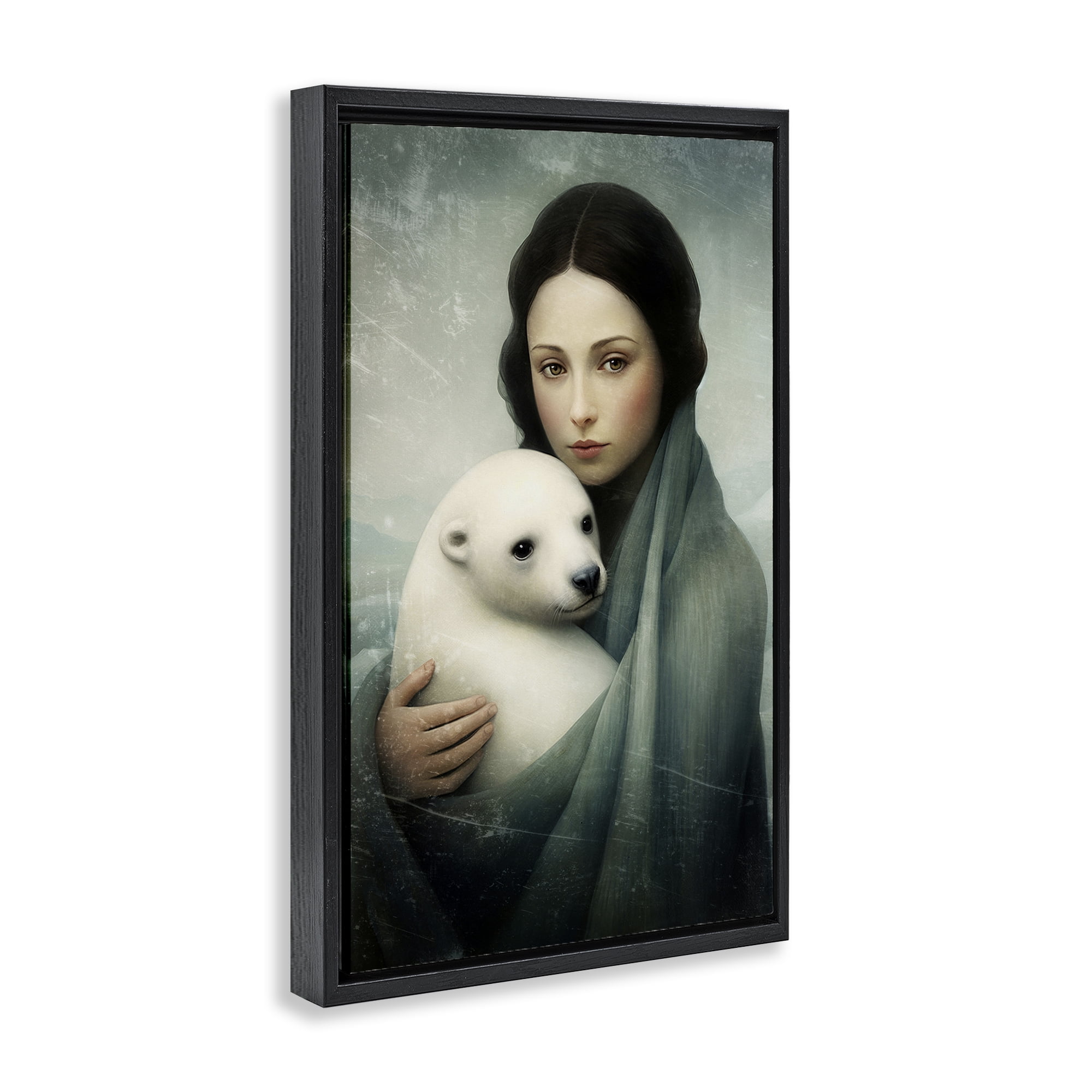 Stupell Industries Girl & Baby Polar Bear People Painting Black Floater Framed Canvas Art Print Wall Art, 21 x 31