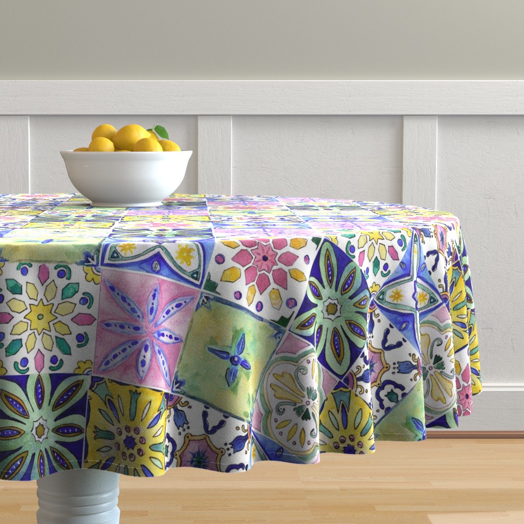 Round Tablecloth Tiles Spanish Squares Home Kitchen Decor Blue Cotton