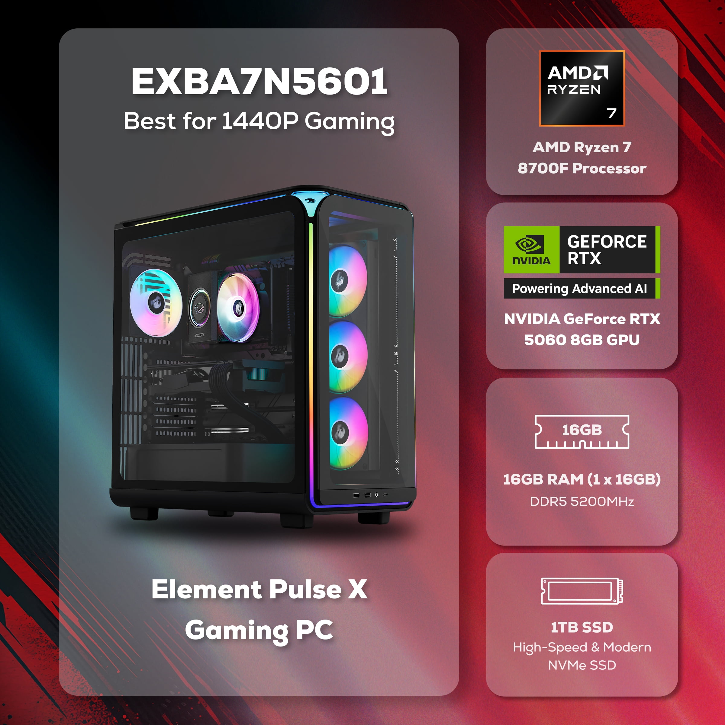iBUYPOWER Element Gaming PC Desktop Computer AMD Ryzen 7 8700F CPU, NVIDIA GeForce RTX 5060 8GB GPU, 16GB DDR5 5200MHz RAM, 1TB NVMe SSD, Windows 11 Home, Gamer Keyboard and Mouse - EXBA7N5601