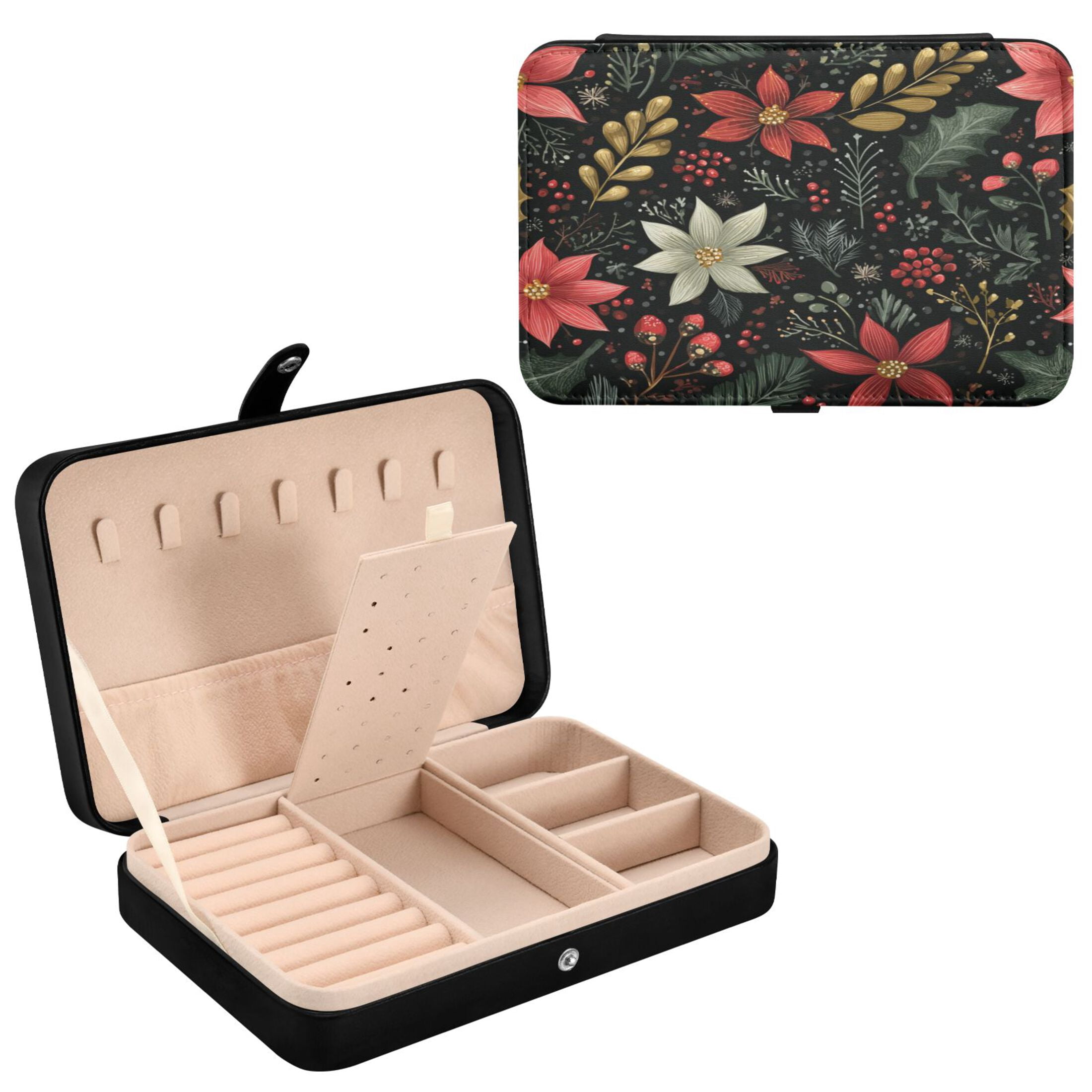 Leather Jewelry Box Rectangular 8.27x5.5x1.78In Travel Jewelry Storage Earrings Necklace Bracelet Watch Brooch Storage Beautiful Christmas Flowers