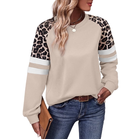 Women's Leopard Print Sweatshirt, Casual Crew Neck Long Sleeve Raglan Pullover with Striped Detail