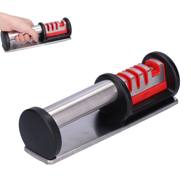 4-Stage Professional Knife Sharpener: Multifunctional Manual Sharpening Tool with Tungsten Steel, Diamond, Ceramic Rods for Kitchen, Outdoor Camping - Non-Slip Base, Silver+Red, Quick Safe Sharpening