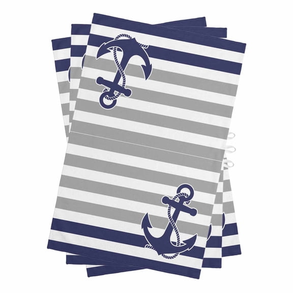 Anchor Gray Kitchen Towels Set of 3, Water Absorbent Dish Towel, Modern Navy Blue White Striped Nautical Decorative Hand Towels - Quick Drying Cloth for Cooking Baking, 18x28 Inch