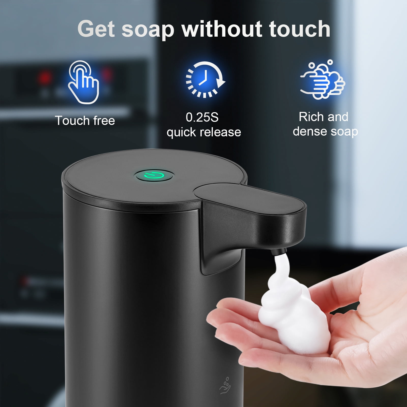 Automatic Foaming Soap Dispenser: Rechargeable Touchless Soap Dispenser Stainless Steel Foam Soap Dispenser for Bathroom Hand Soap Pump for Kitchen Xmas Gift, 9oz, Black