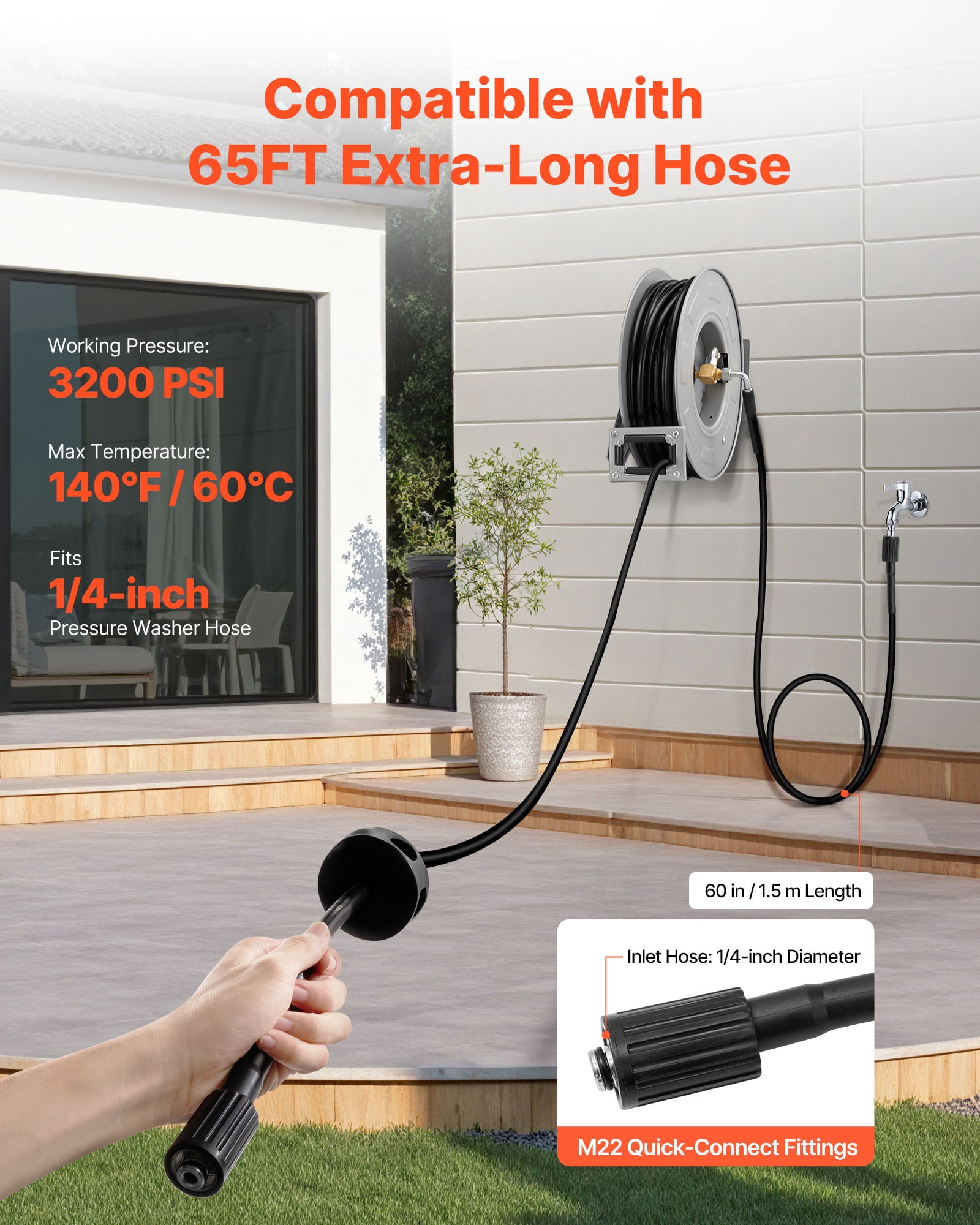 VEVOR Pressure Washer Hose Reel, 65 ft x 1/4 inch Retractable Power Heavy-Duty Steel Washer Hose Reel, 3200PSI Max, Auto-Rewinding, Flexible Wall/Floor Mounted for Car Washing,Garden,Floor Cleaning