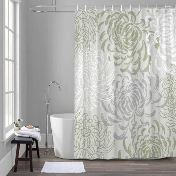 Floral Pattern Shower Curtain for Bathroom Decor, Outline White Green Chrysanthemum Graphic Waterproof Fabric Shower Curtain, 54"x78" Set with 12 Hooks